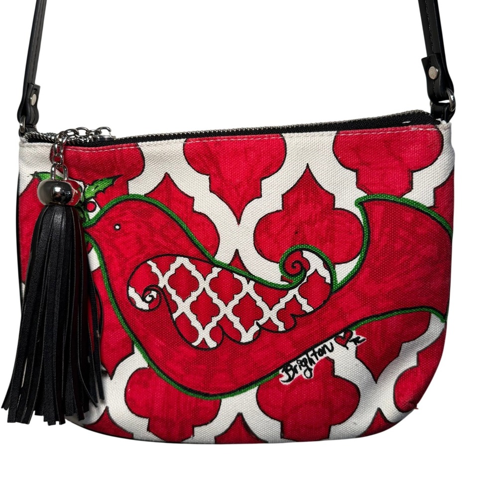 Brighton Red Bird Print Crossbody Bag Tassel Strap Canvas Purse Whimsical Artsy